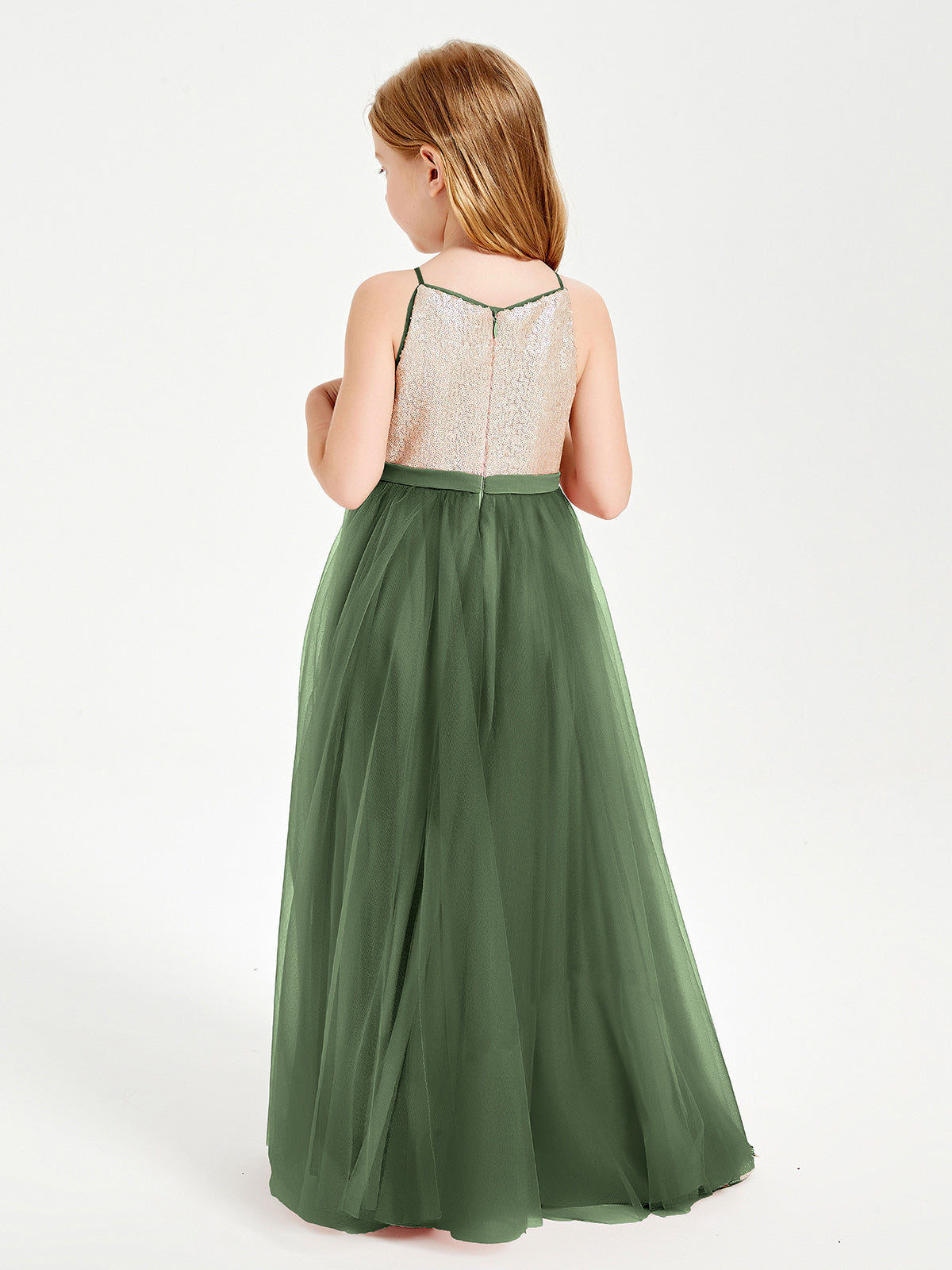 Sequined Top Long Tulle Junior Bridesmaid Gown Olive Green